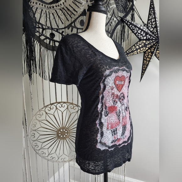 Vintage Sourpuss Skeleton Distressed Burnout Black Top Goth Punk Emo Y2K 2000s - Picture 3 of 4